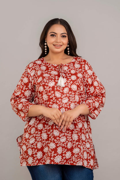 Plus Size Rust White Floral Rayon Short Kurti Tunic for Curvy Women – Big Size Clothing 3XL–8XL by Curvisha