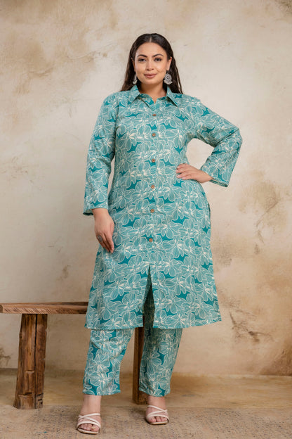 Plus size teal floral cotton kurti pant set for fat women, big size clothing showing front view for curvy and fat bodies