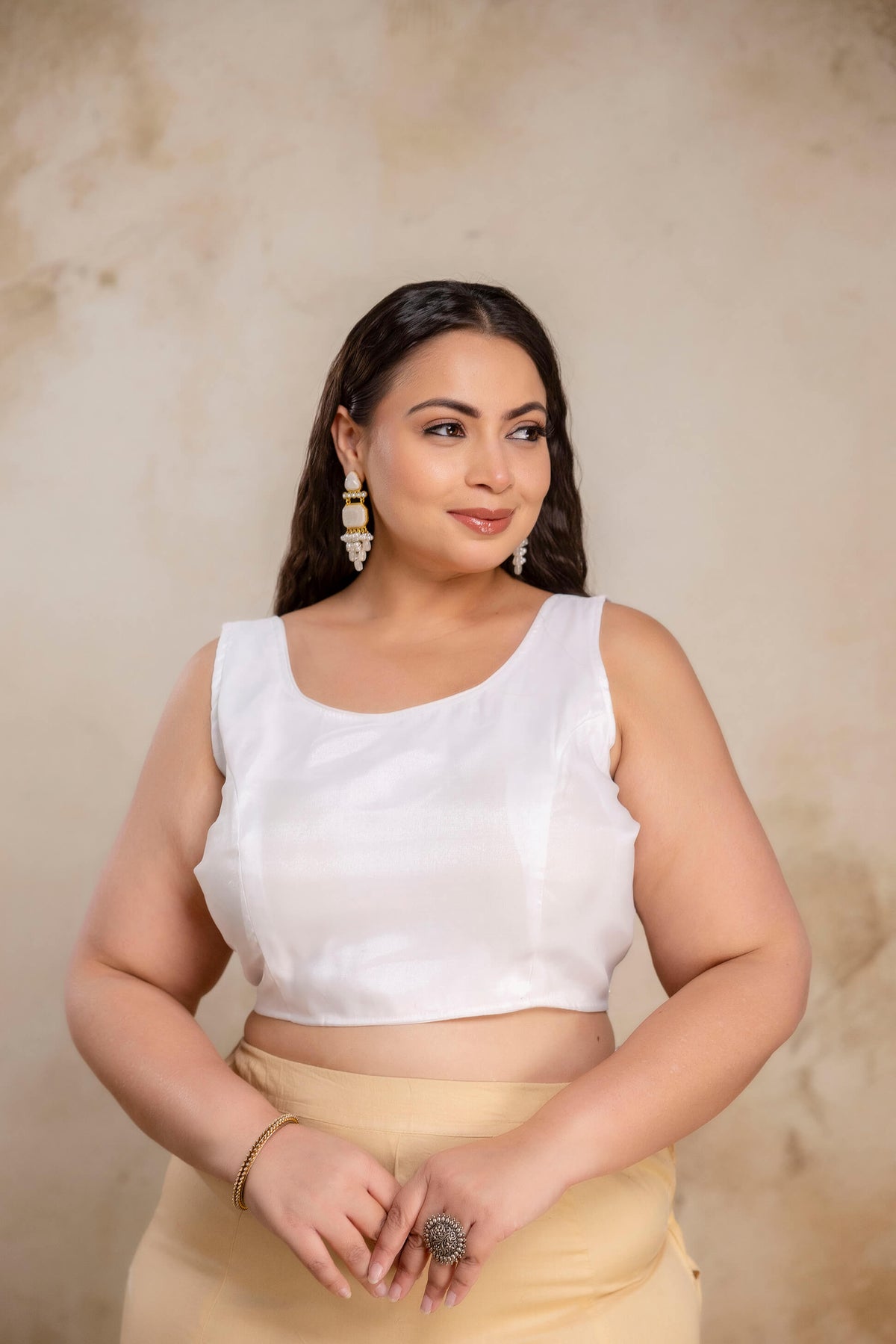 Plus size white Jimmy Choo blouse worn by model, party wear blouse for curvy women
