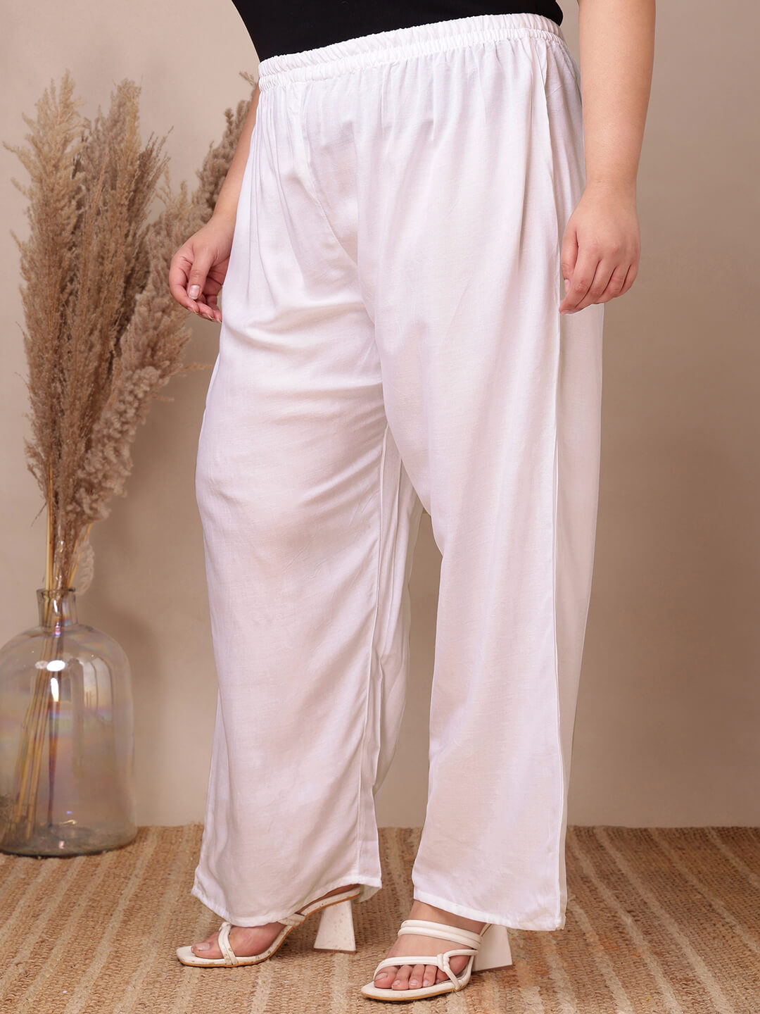 Side view of white rayon palazzo pants for fat women clothing, breathable soft rayon comfort – Curvisha