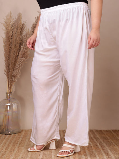 Side view of white rayon palazzo pants for fat women clothing, breathable soft rayon comfort – Curvisha
