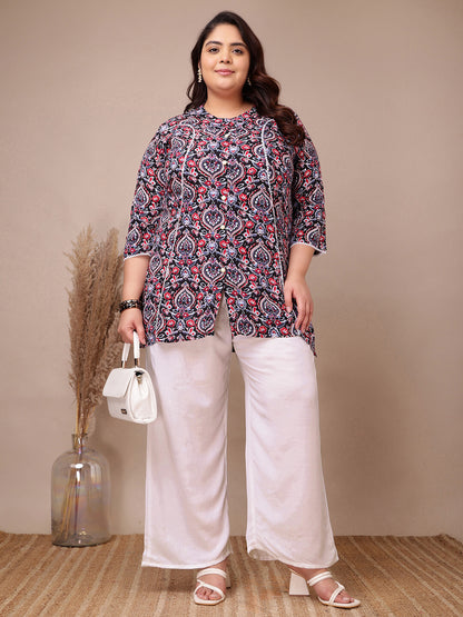 White rayon palazzo styled with printed kurti for curvy women, breezy and elegant outfit – Curvisha