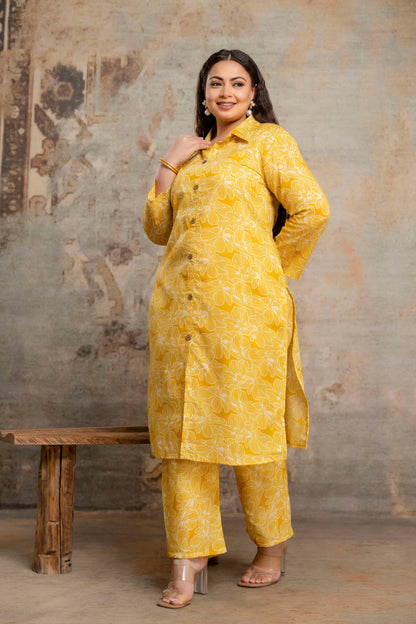 Walking shot of plus size yellow cotton kurti pant set for women, comfortable big size clothing