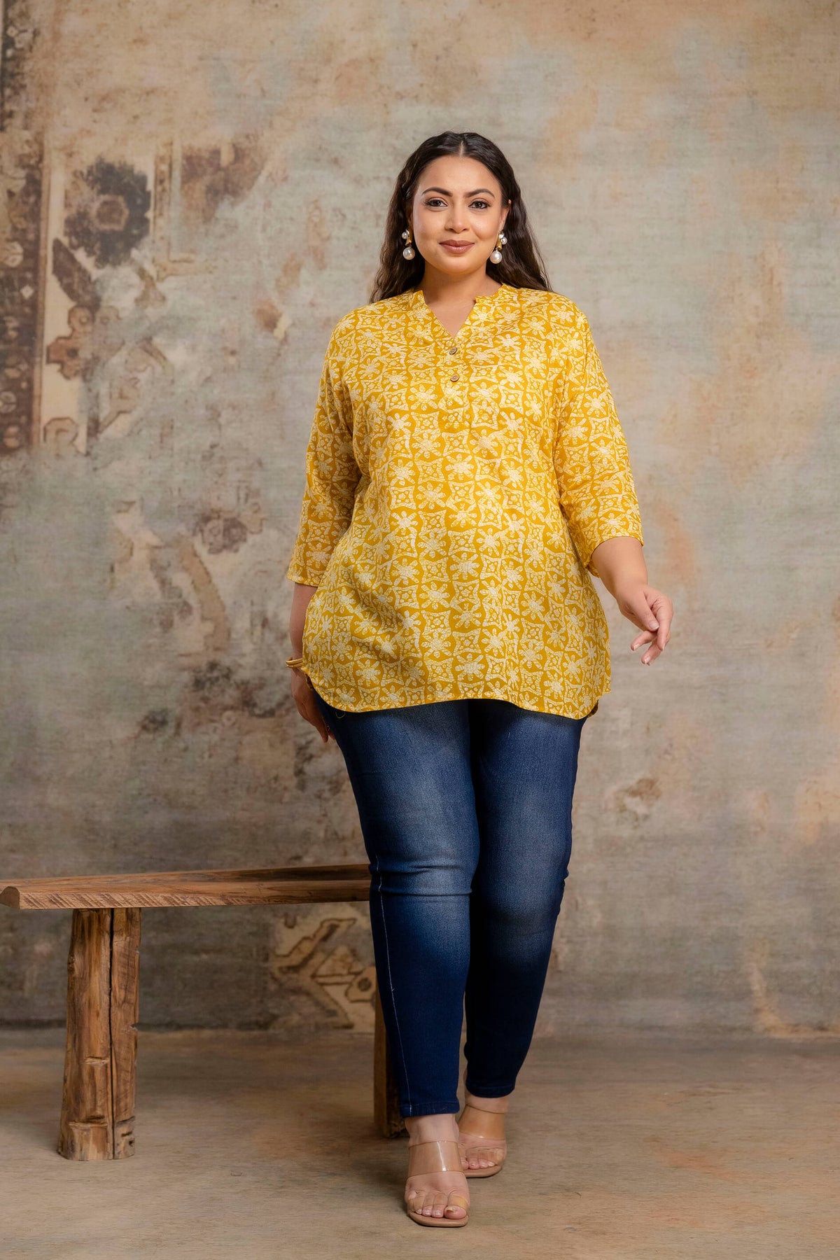 Full length plus size yellow printed cotton short kurti for fat women, comfortable big size clothing