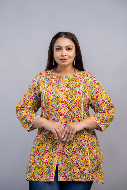 Plus Size Mustard Yellow and Pink Rayon Paisley Printed Short Kurti Tunic for Curvy and Fat Women – Front View