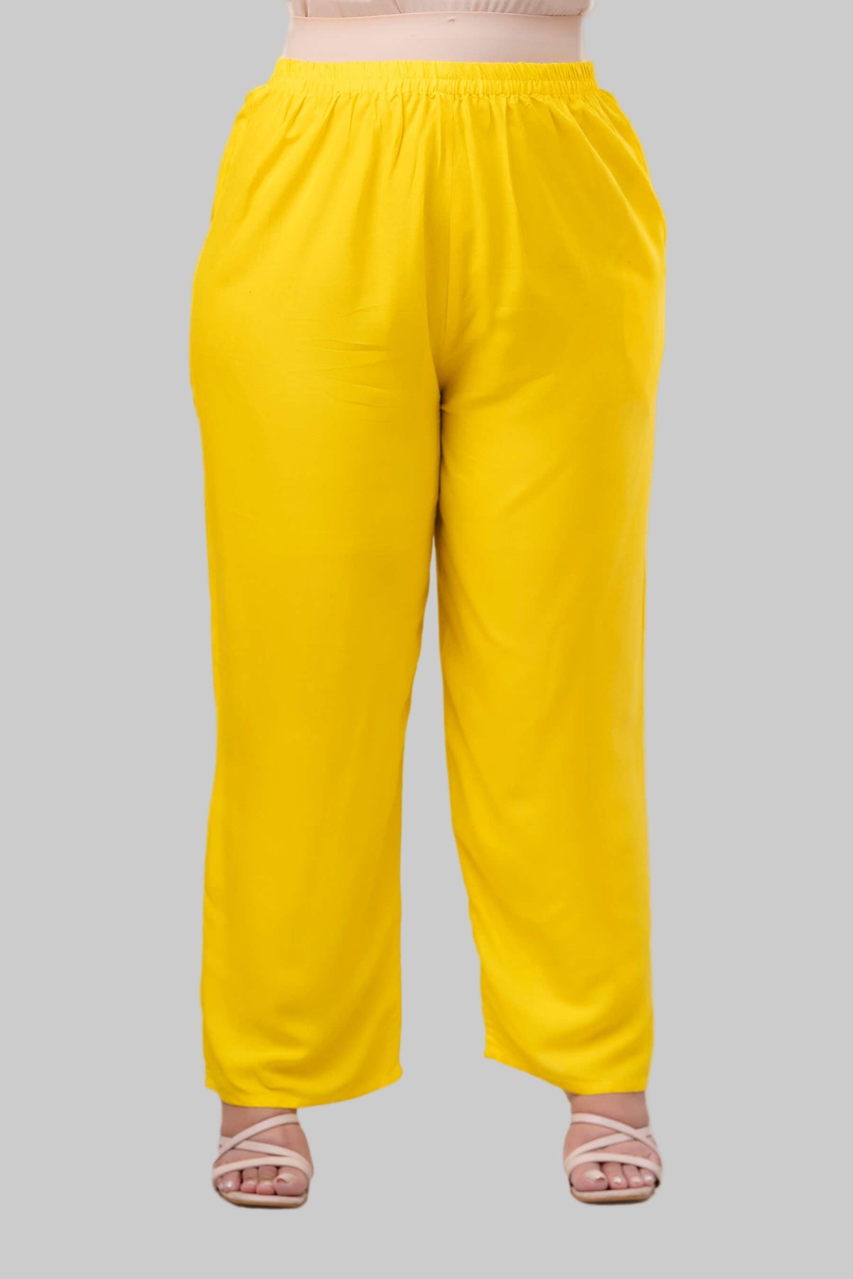 Plus size yellow rayon palazzo pants for curvy women, flowy and comfortable wide-leg fit – Curvisha