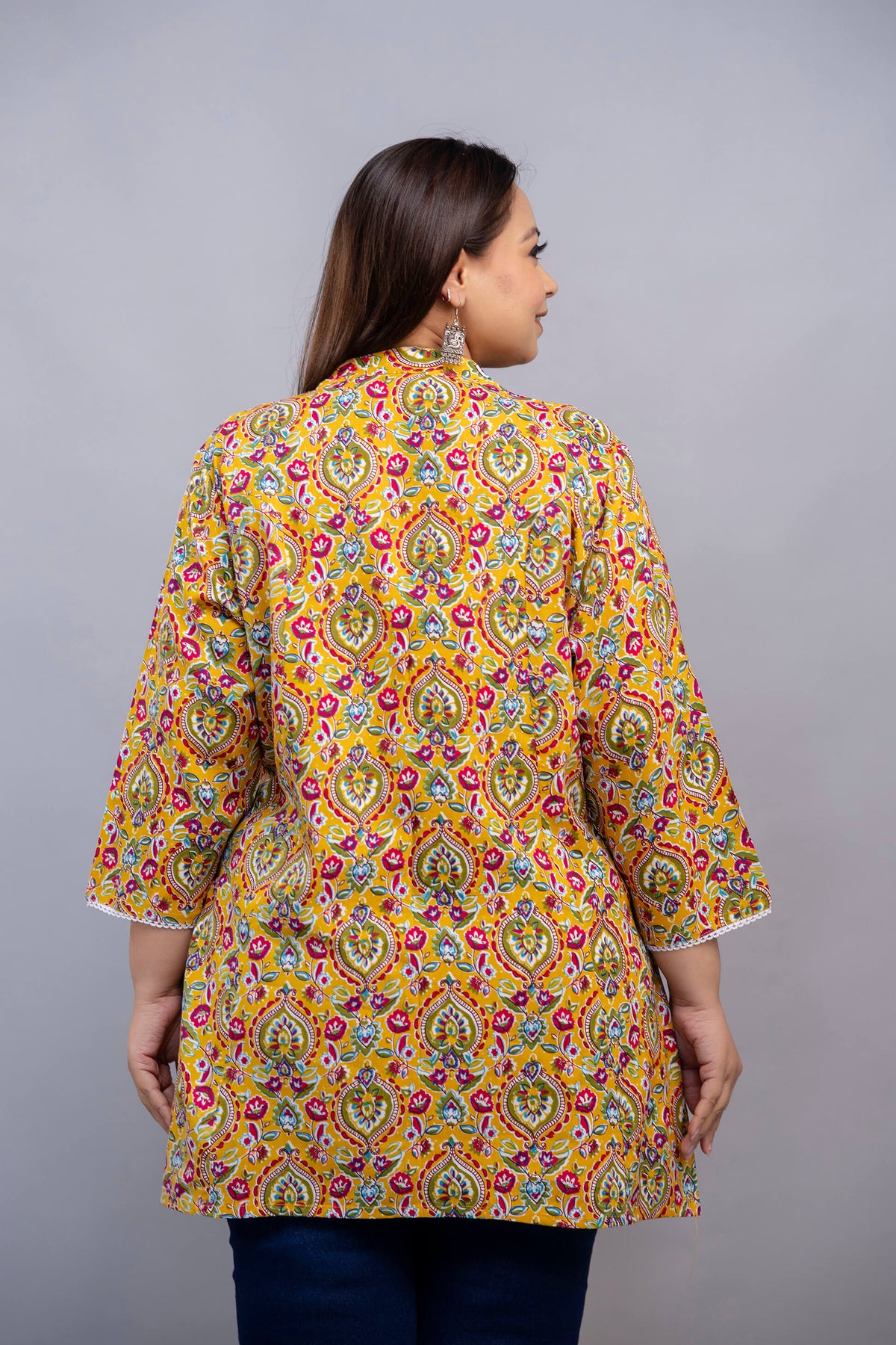 Back View of Mustard Yellow Rayon Paisley Short Kurti Tunic for Plus Size Curvy and Fat Women – Rear Detailing