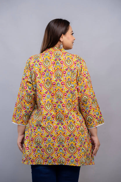 Back View of Mustard Yellow Rayon Paisley Short Kurti Tunic for Plus Size Curvy and Fat Women – Rear Detailing