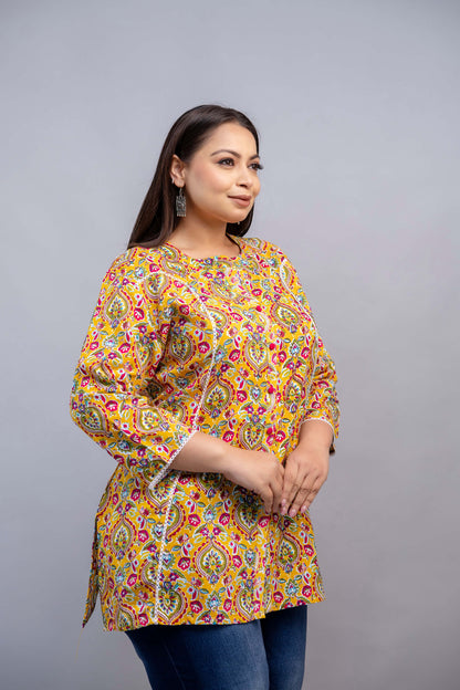 Side View of Mustard Yellow and Pink Paisley Print Rayon Short Kurti Tunic – Fat-Friendly Fashion for Women