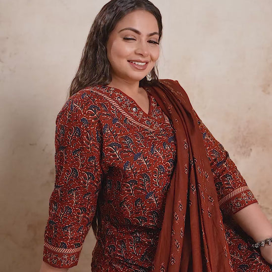 Maroon and rust block print plus size kurta set with dupatta, highlighting the traditional pattern and comfortable daily wear fit.