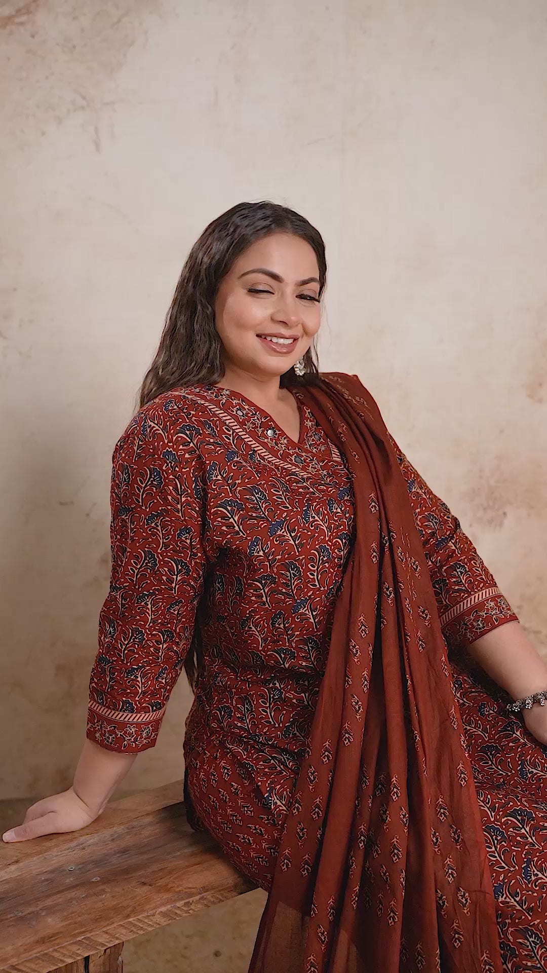 Maroon and rust block print plus size kurta set with dupatta, highlighting the traditional pattern and comfortable daily wear fit.