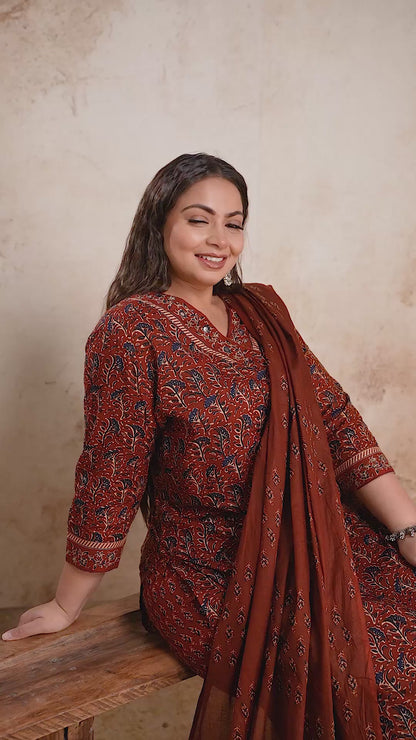 Maroon and rust block print plus size kurta set with dupatta, highlighting the traditional pattern and comfortable daily wear fit.