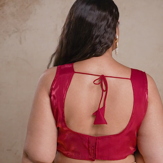 Maroon satin ethnic blouse for plus size women, showcasing the back-tie design and smooth fabric texture from Curvisha.