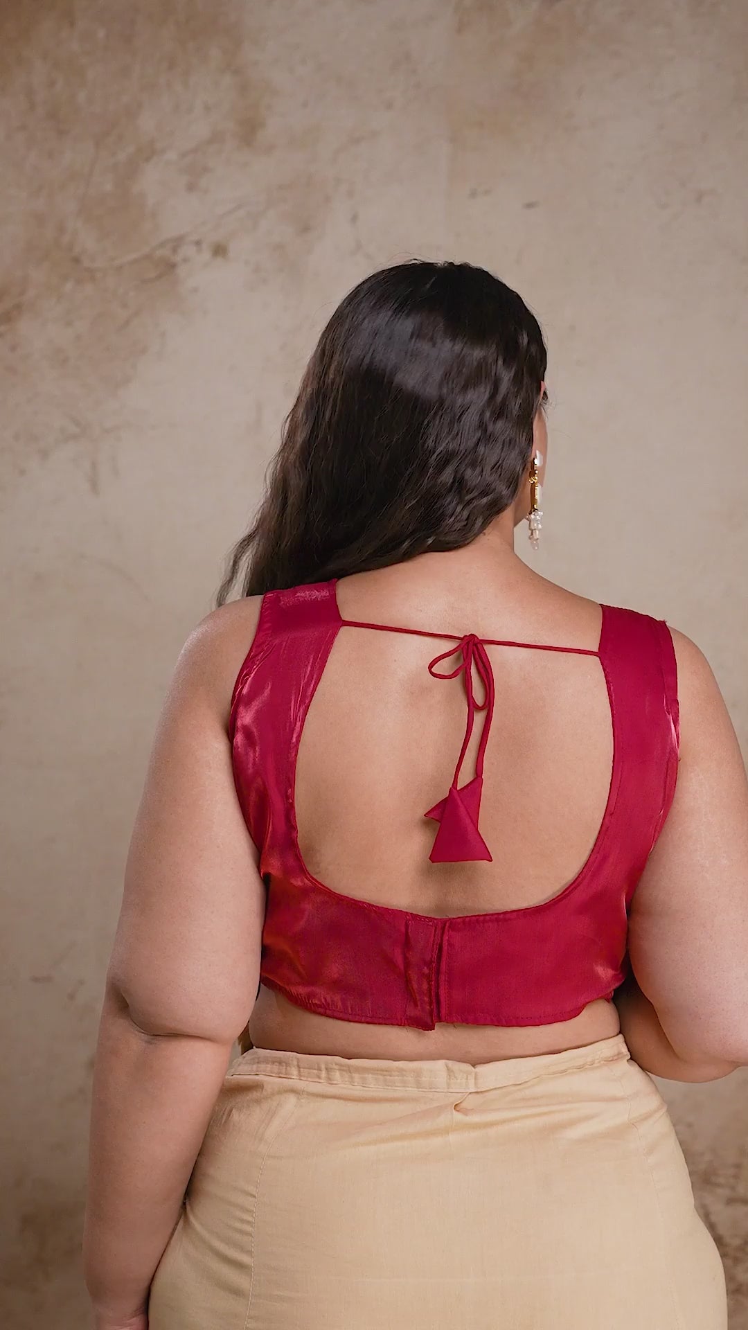 Maroon satin ethnic blouse for plus size women, showcasing the back-tie design and smooth fabric texture from Curvisha.