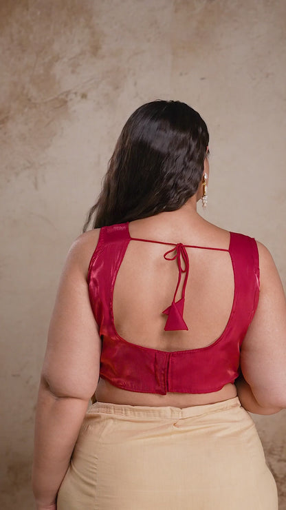 Maroon satin ethnic blouse for plus size women, showcasing the back-tie design and smooth fabric texture from Curvisha.