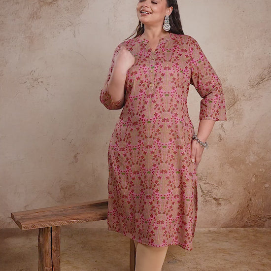 Plus size pink and brown floral print cotton kurti by Curvisha with 3/4 sleeves, featuring a breathable daily wear fit for curvy women.