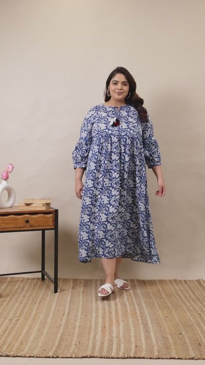 Elegant blue and white floral print maxi dress with a relaxed fit and tassel details, perfect for plus-size fashion.