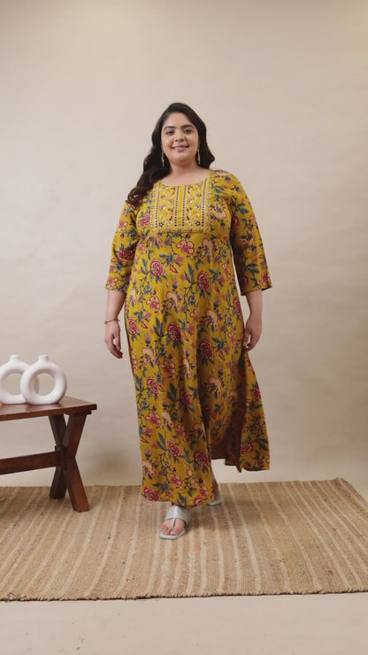 Curvisha mustard yellow plus size floral maxi dress with an embroidered yoke and 3/4 sleeves, a comfortable and stylish ethnic choice.