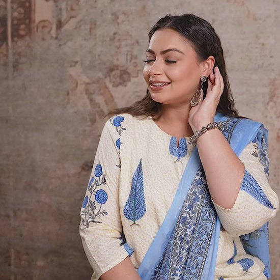 Plus size white cotton suit set with blue floral block print and matching dupatta by Curvisha, styled for a fresh summer ethnic look.