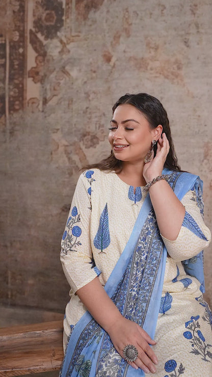 Plus size white cotton suit set with blue floral block print and matching dupatta by Curvisha, styled for a fresh summer ethnic look.