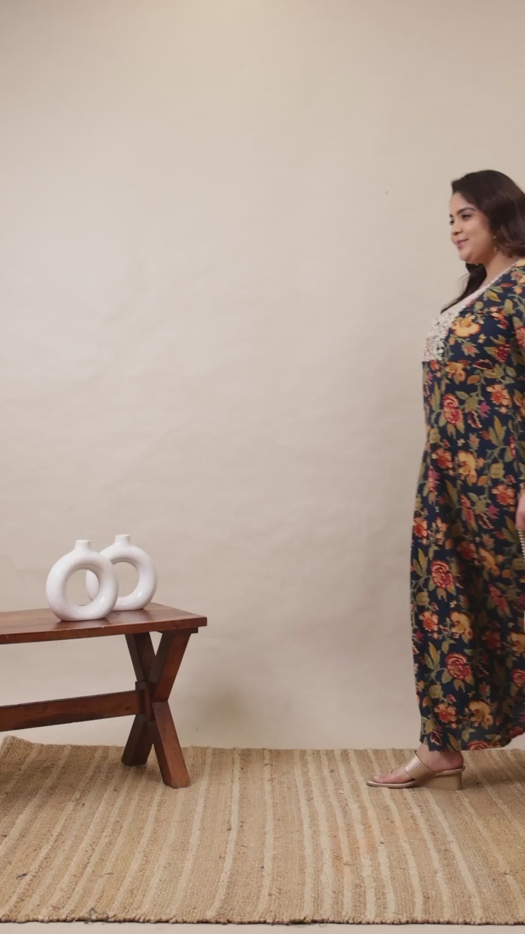 Curvisha navy blue plus size maxi kurta with vibrant floral prints and delicate white lace embroidery on the bodice for a graceful look.