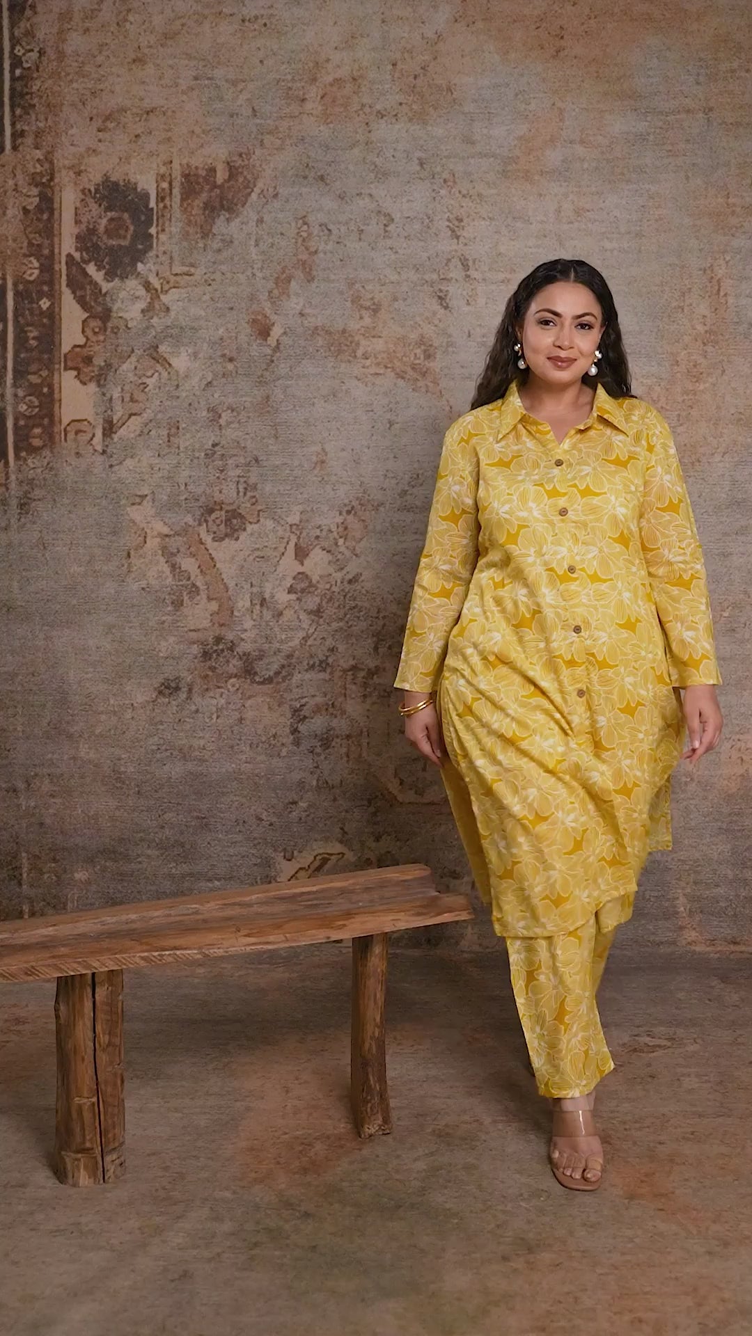 Full view of Curvisha plus size yellow floral kurta and pant set, showcasing a complete ethnic look for curvy body types.