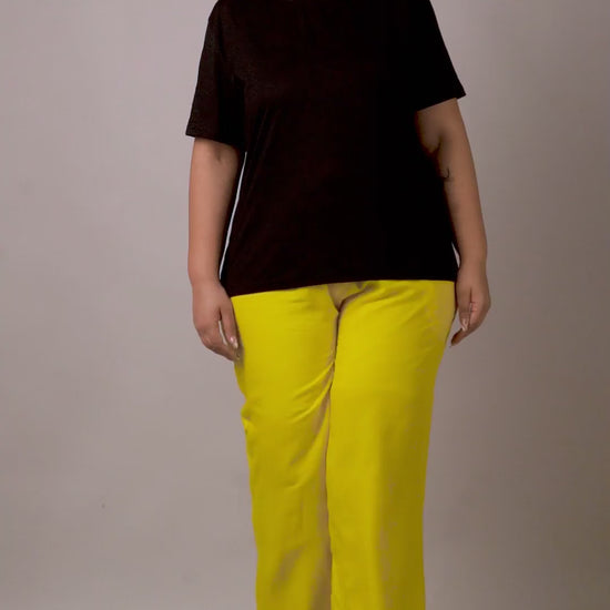Bold and vibrant yellow palazzo pants with a high-waisted elastic band, perfect for a bright summer look.
