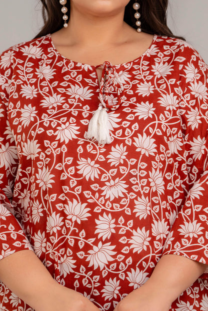 Tassel Detail Closeup of Rust White Floral Rayon Plus Size Kurti Tunic – Big Size Curvy Clothing