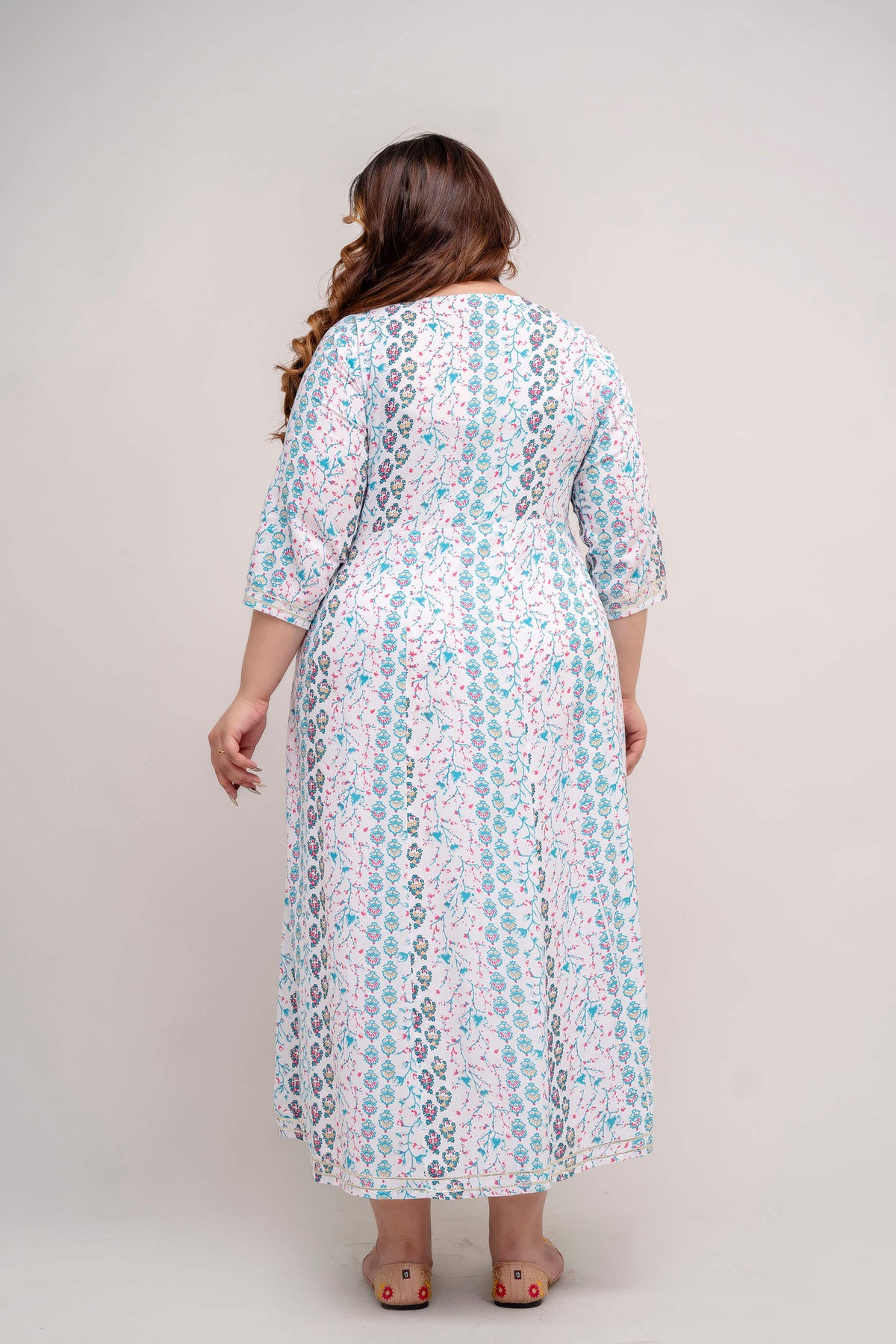 Back view of white turquoise floral rayon gown for curvy women 3XL to 10XL