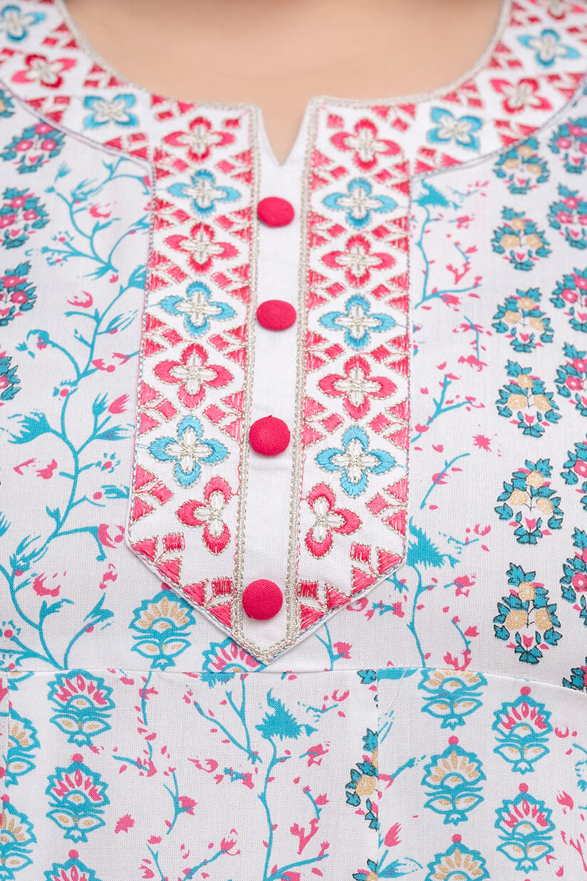 Close up of front buttons and design on white turquoise rayon gown