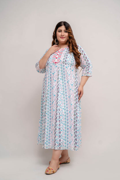 Front angle showing white turquoise floral rayon gown for big size curvy women
