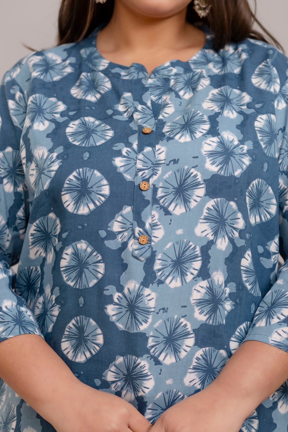 Plus Size Blue floral Printed Rayon Kurti Tunic – Fabric Texture Close-Up